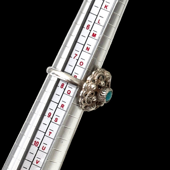 Antique Mexican Sterling Silver Filigree Flower Ring Turquoise Stone Sz 7.75 - Picture 4 of 10